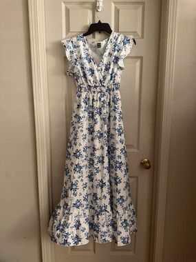 White Maxi Dress with Blue Floral Print